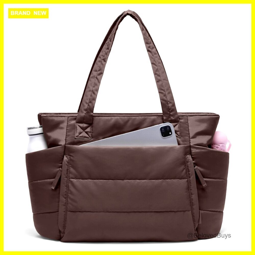 Quilted Puffer Tote Bag with Zipper, 20L Capacity, Laptop Compartment